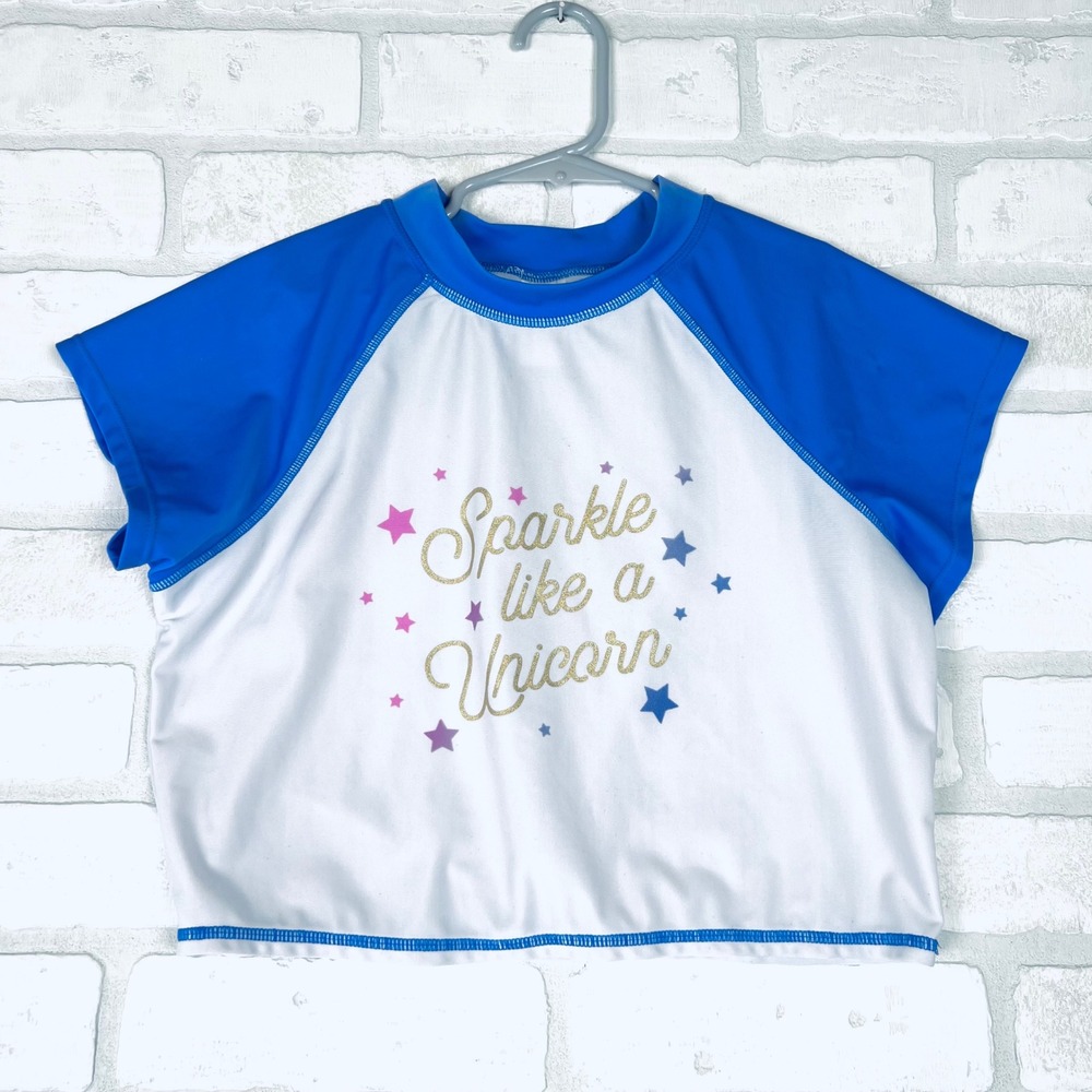 Cat & Jack Girls Blue White Sparkle Like A Unicorn Rash Guard Swim Top XL 14/16